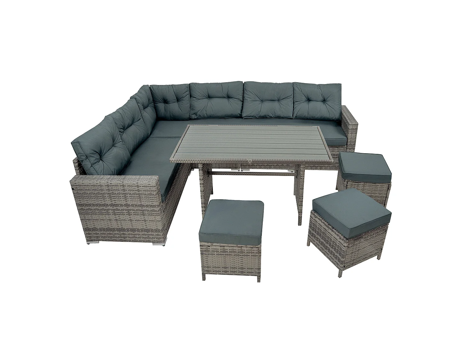 Ensemble Salon de Jardin Coin en Rotin Gris & Table en Bois Composite