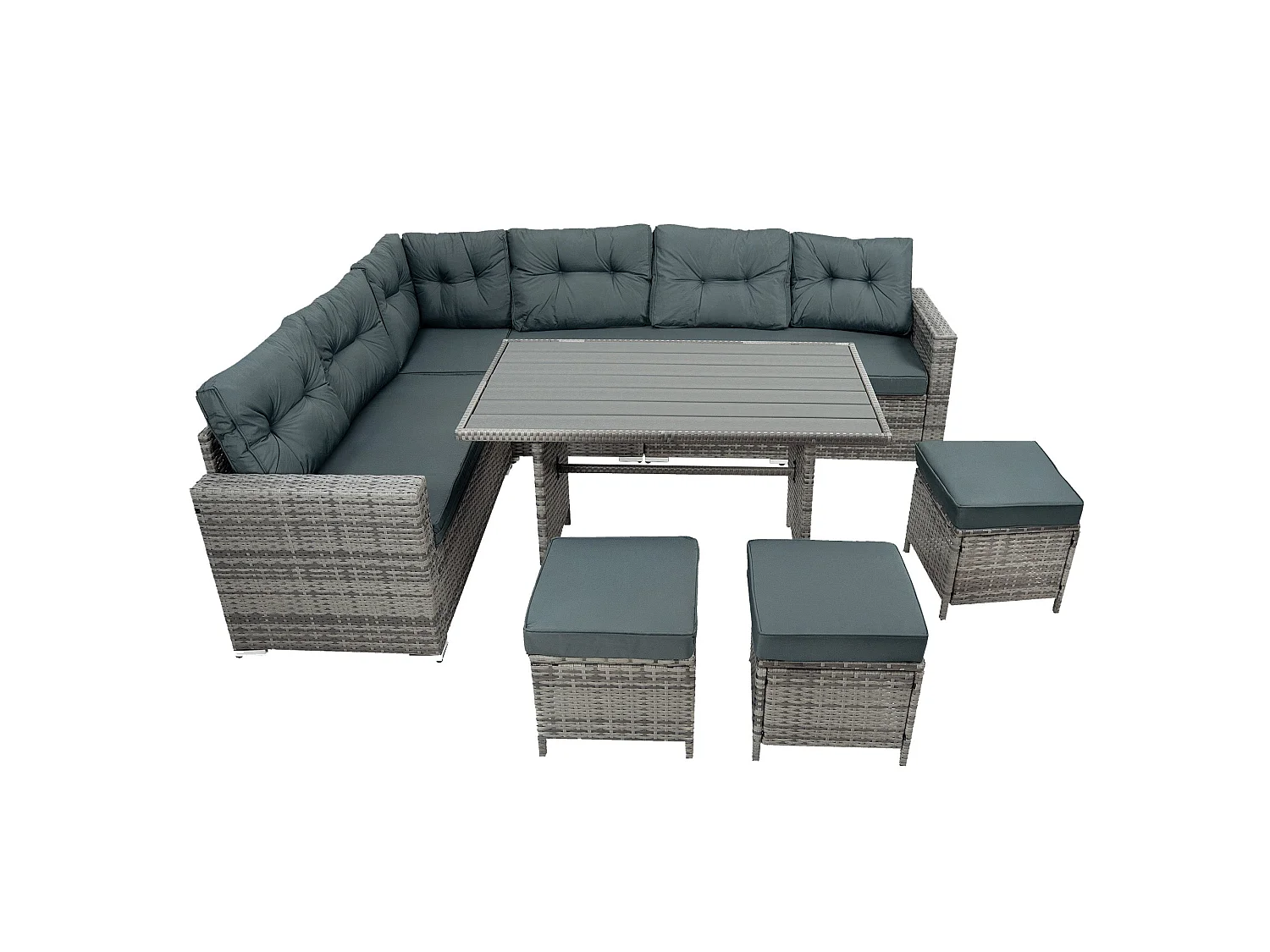 Ensemble Salon de Jardin Coin en Rotin Gris & Table en Bois Composite