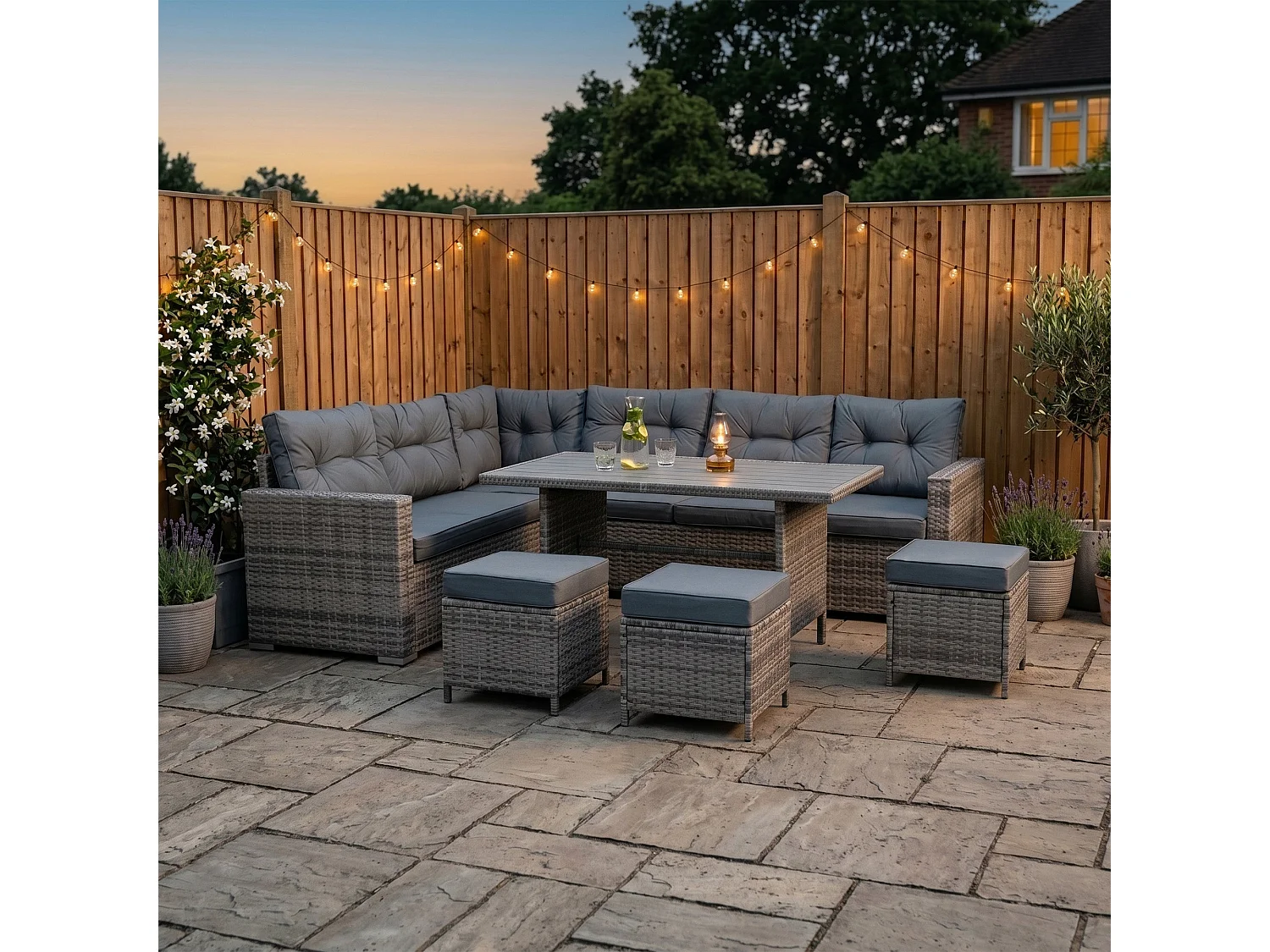 Ensemble Salon de Jardin Coin en Rotin Gris & Table en Bois Composite