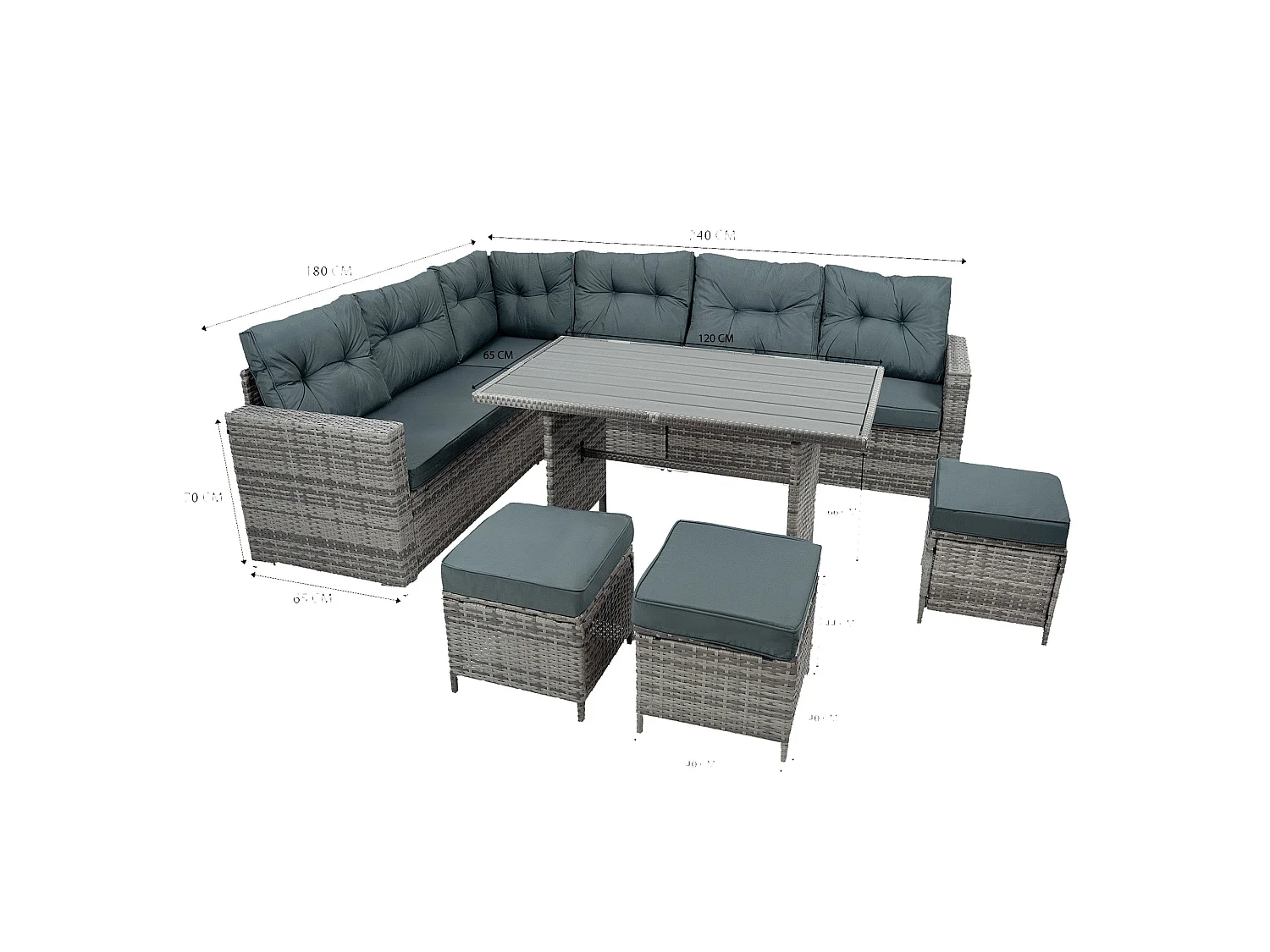 Ensemble Salon de Jardin Coin en Rotin Gris & Table en Bois Composite