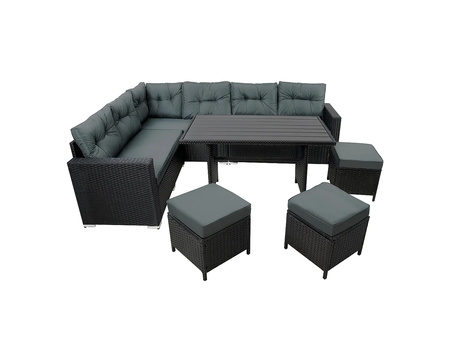 Ensemble Salon de Jardin Coin en Rotin Noir & Table en Bois Composite