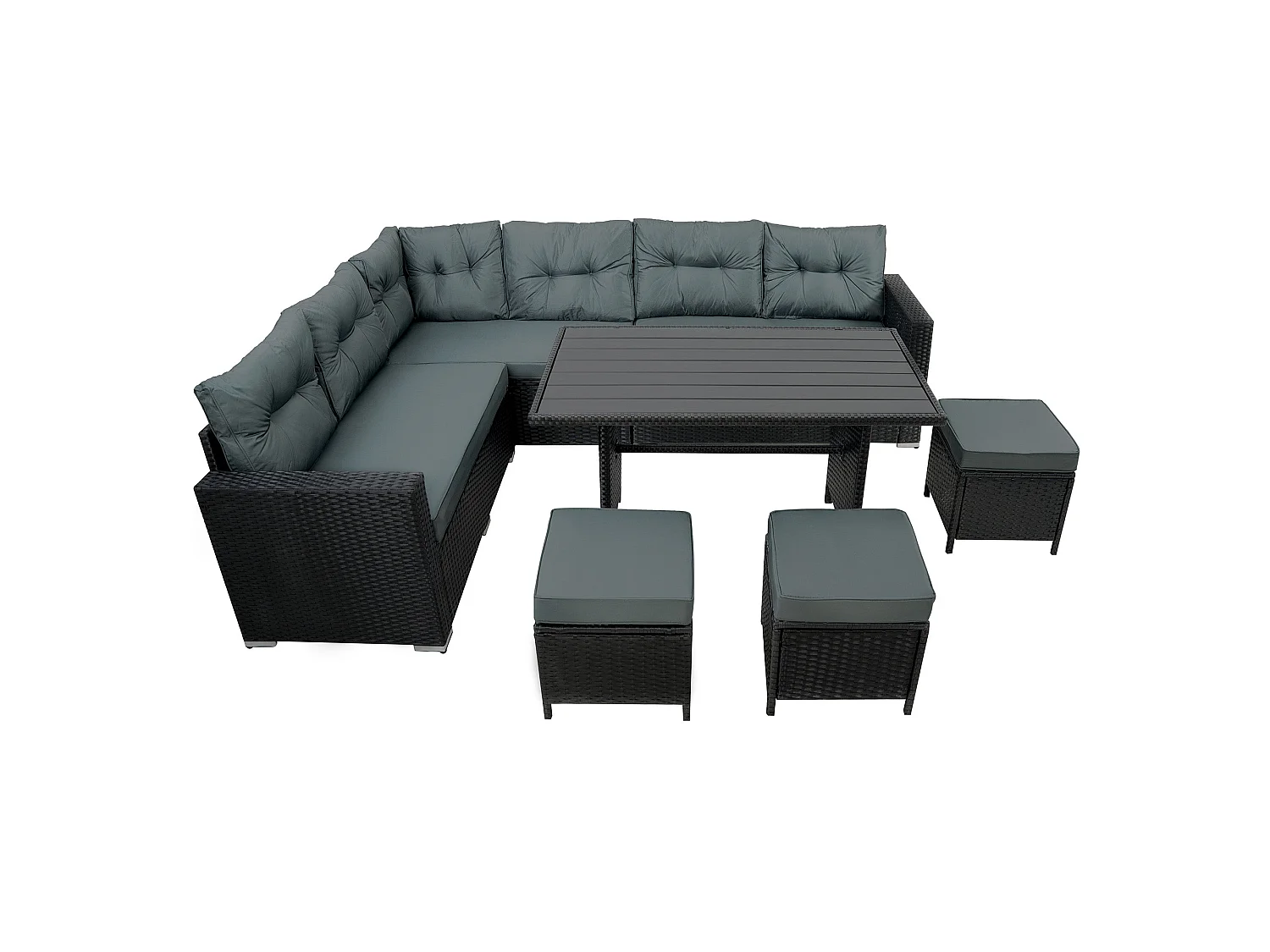 Ensemble Salon de Jardin Coin en Rotin Noir & Table en Bois Composite