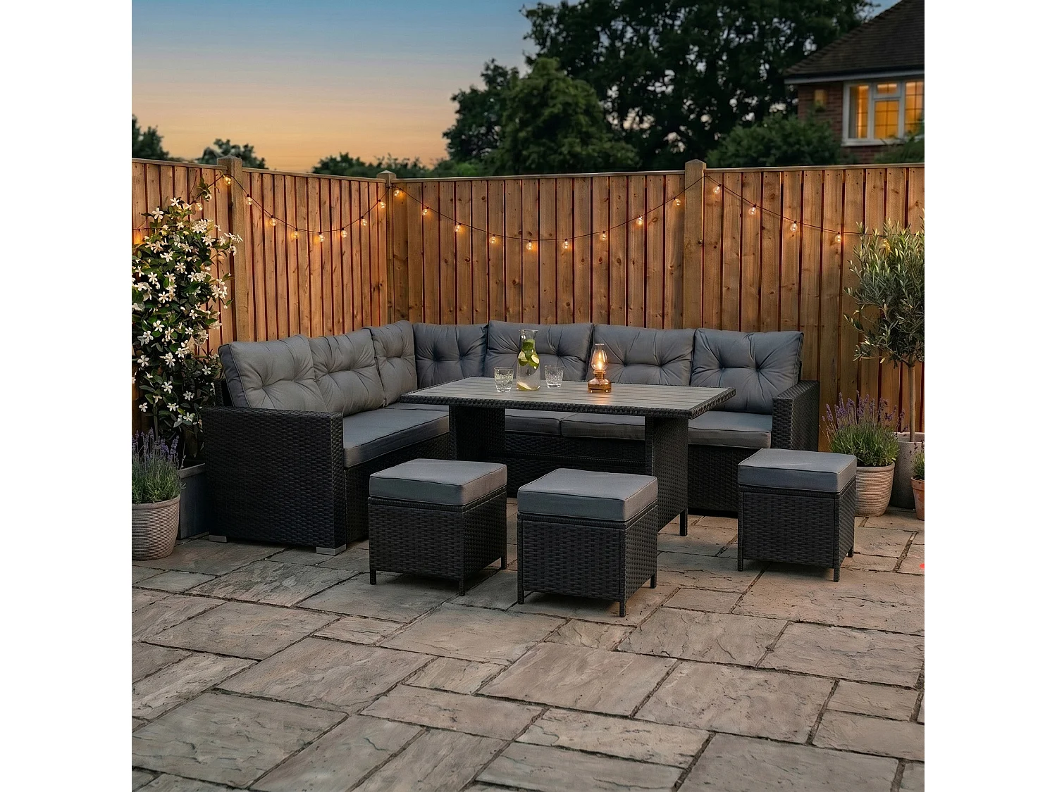 Ensemble Salon de Jardin Coin en Rotin Noir & Table en Bois Composite