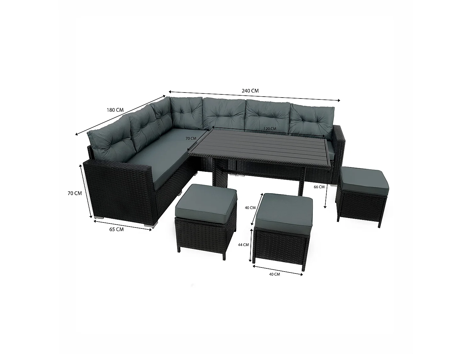 Ensemble Salon de Jardin Coin en Rotin Noir & Table en Bois Composite