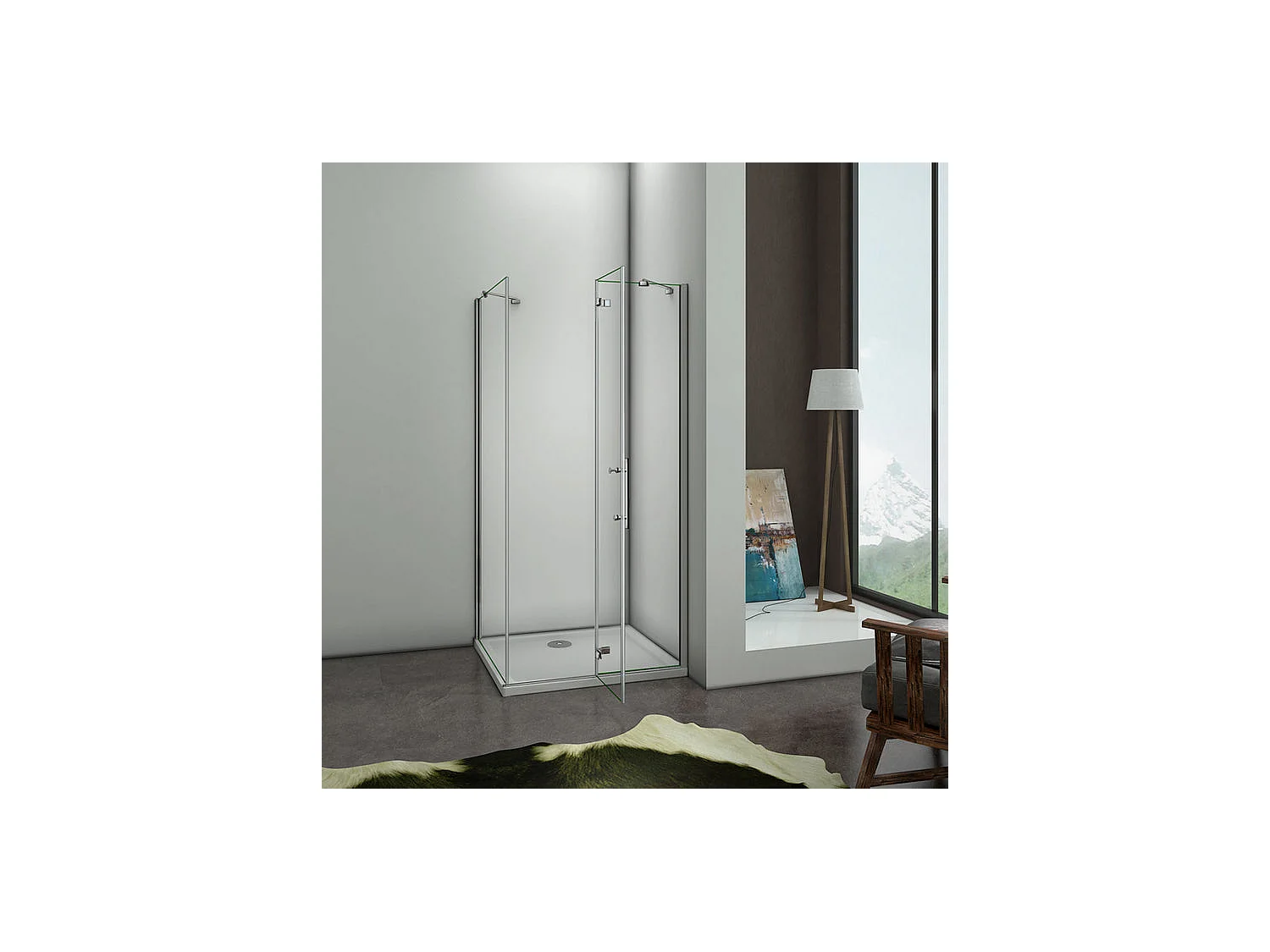 Cabine de douche pivotante 100x90x195cm, porte de douche 100cm + paroi latérale avec barre de fixation d'angle, en verre 6mm trempé