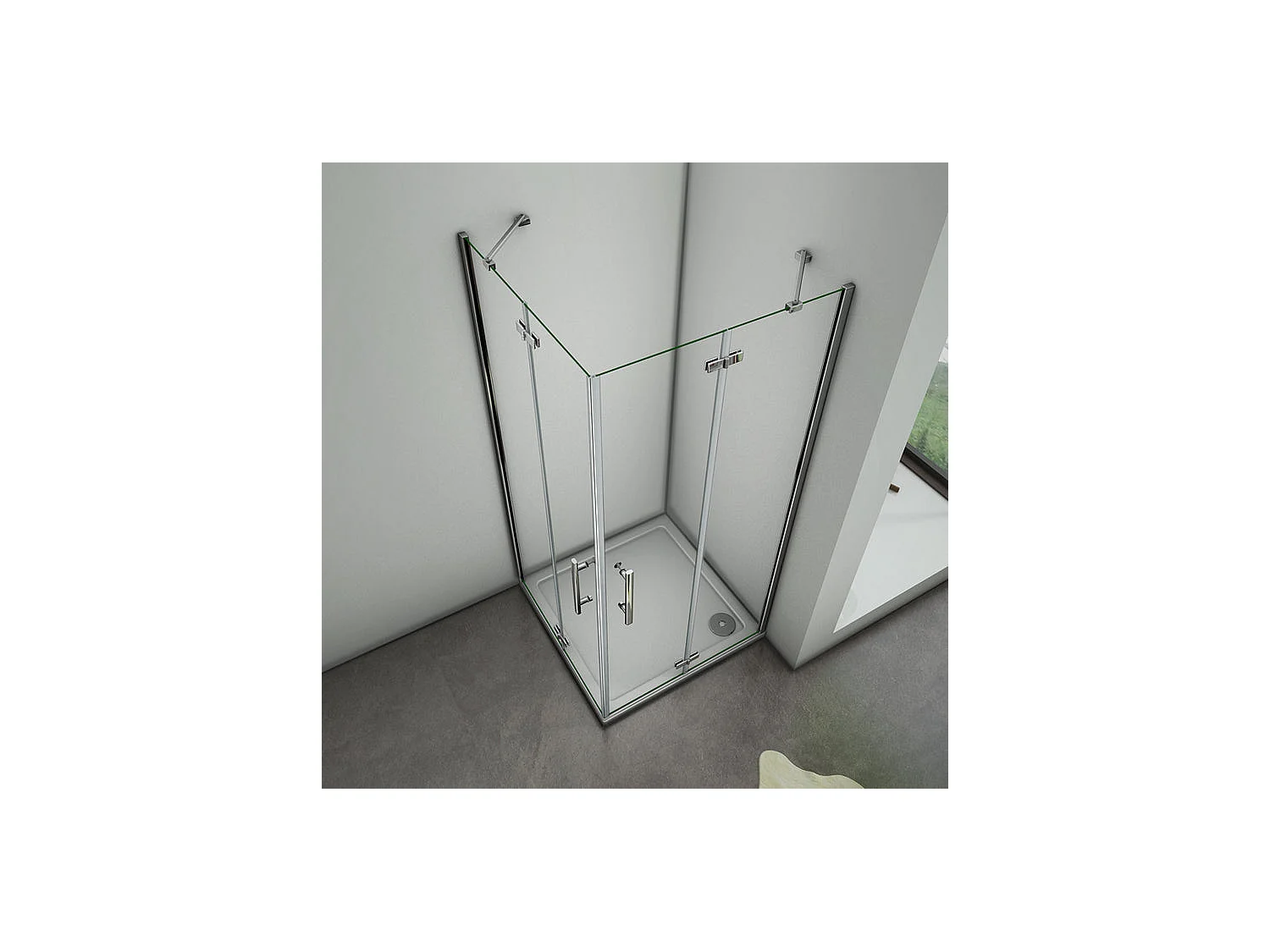 Cabine de douche battante 100x100x195cm en 6mm verre securit anticalcaire, porte de douche pivotante avec petite barre fixée d'angle