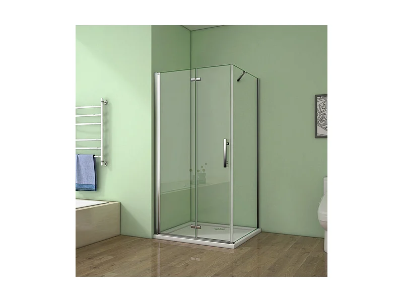 Cabine de douche pivotante et pliante 120x80x185cm en 6mm verre anticalcaire, porte de douche + paroi latérale avec barre fixée d'angle