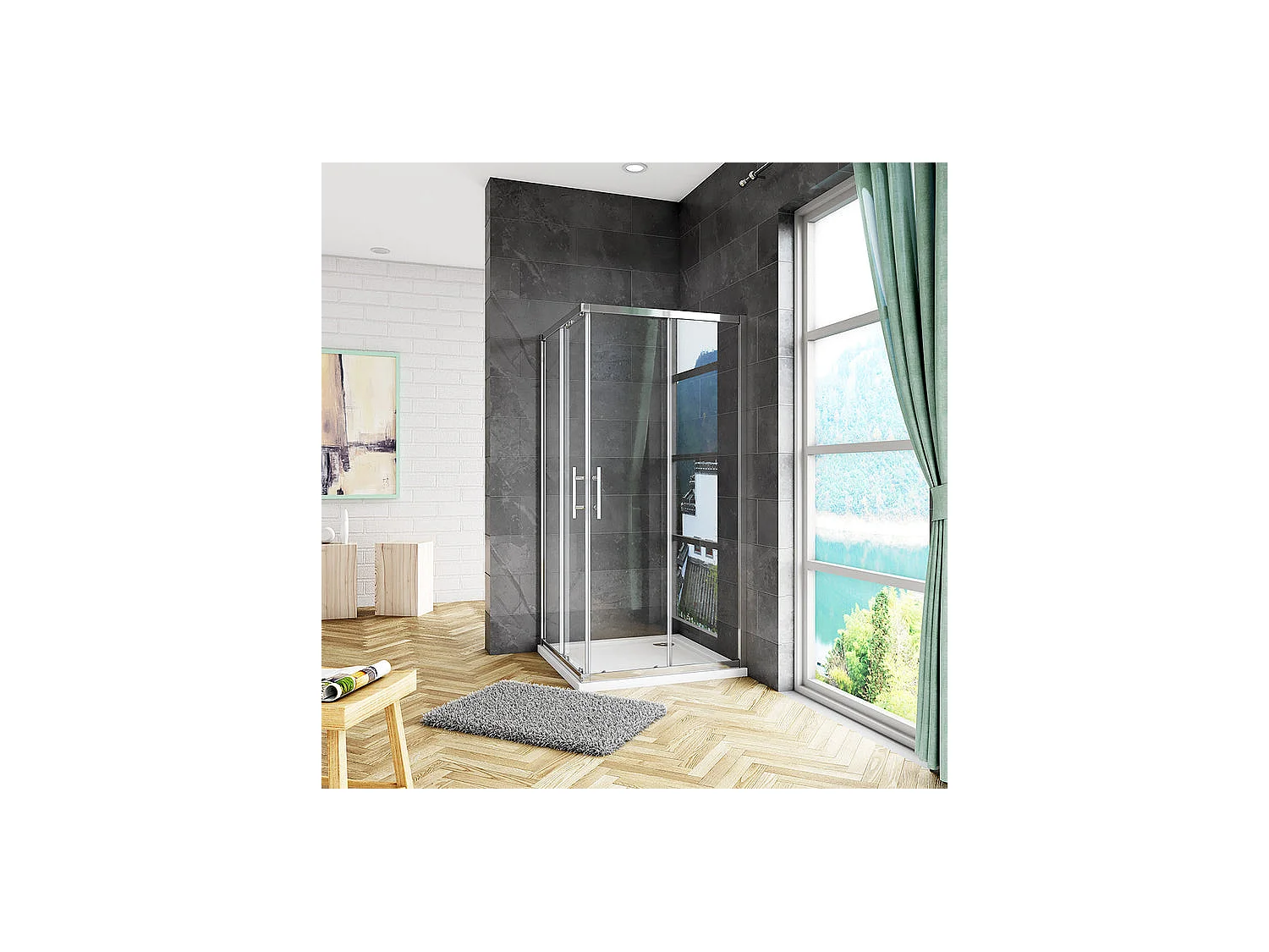 Cabine de douche 90x90x185cm accès d'angle, cabine de douche carrée porte de douche coulissante sans bac à douche