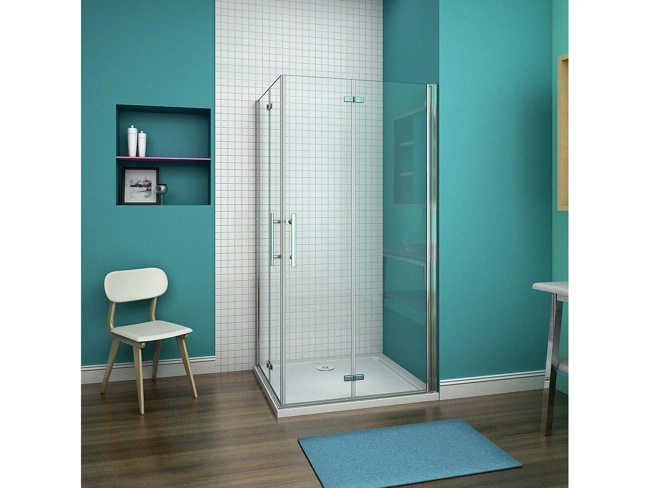 Cabine de douche pivotante et pliante 90x90x195cm en 6mm verre securit anticalcaire, poignée en inox