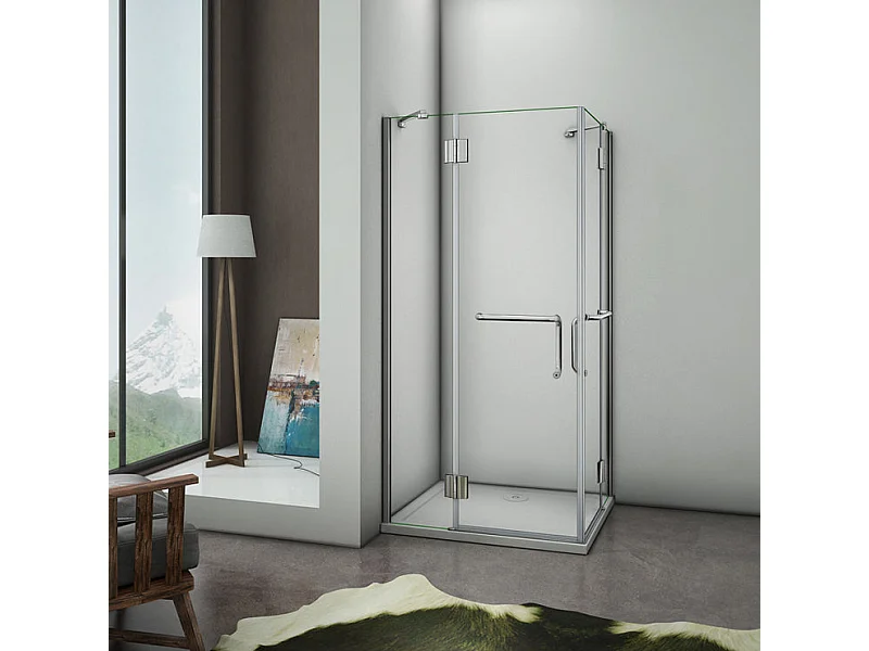 Cabine de douche battante 90x90x190cm porte de douche pivotante à charnière en 8mm verre securit anticalcaire, poignée en inox