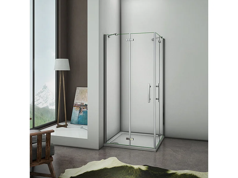 Cabine de douche battante 90x90x195cm en 6mm verre securit anticalcaire, porte de douche pivotante avec petite barre fixée d'angle