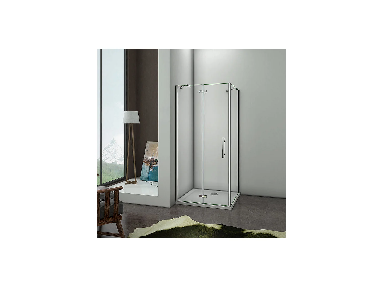 Cabine de douche pivotante 80x90x195cm, porte de douche 80cm + paroi latérale avec barre de fixation d'angle, en verre 6mm trempé