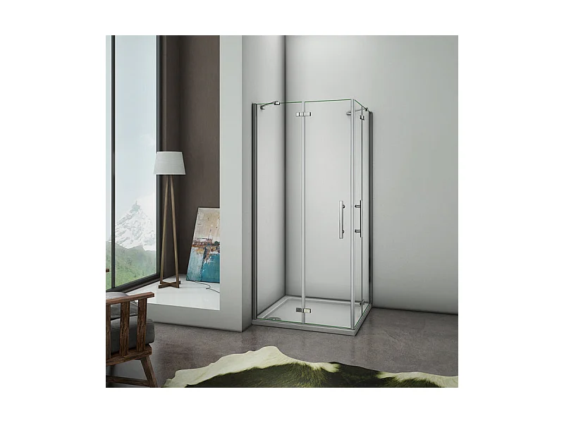 Cabine de douche battante 90x80x195cm en 6mm verre securit anticalcaire, porte de douche pivotante avec petite barre fixée d'angle