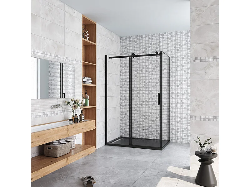 Cabine de douche coulissante 100x80x200cm porte de douche + paroi latérale Hauteur 200cm En 8mm verre anticalcaire profilé noir mat