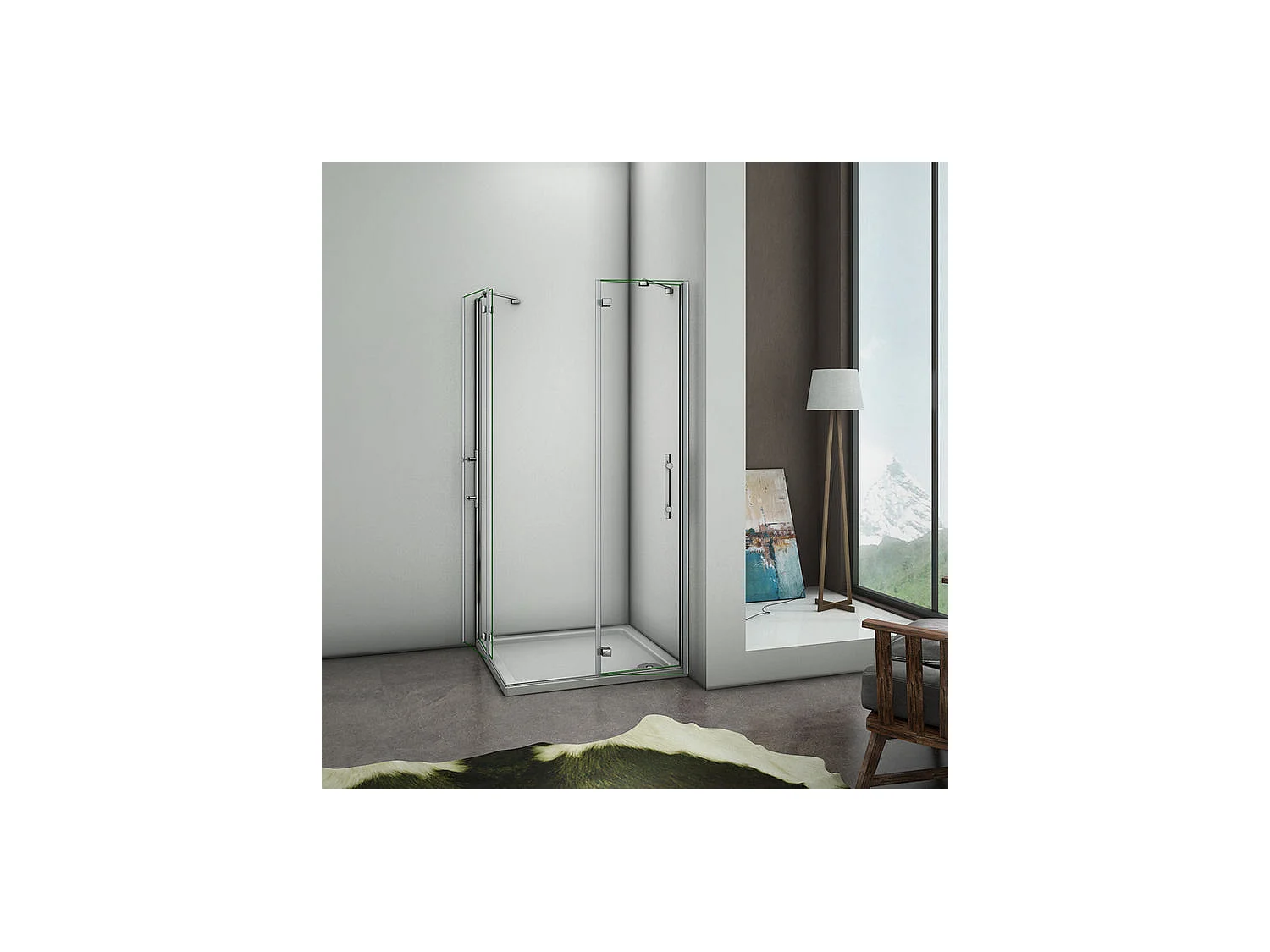 Cabine de douche battante 100x80x185cm en 6mm verre securit anticalcaire, porte de douche pivotante avec petite barre fixée d'angle