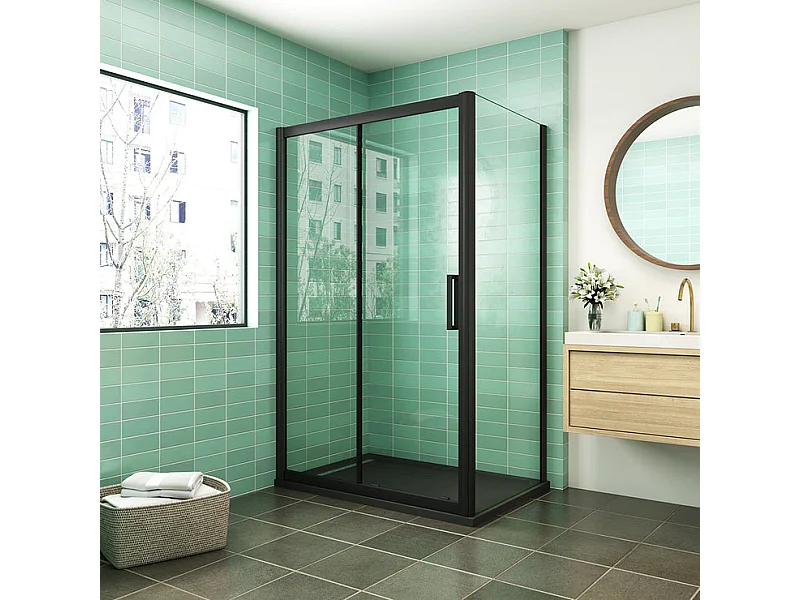 Cabine de douche coulissante 100x90x195cm porte de douche avec l'amortisseur 100cm cabine de douche Noire en 8mm verre anticalcaire