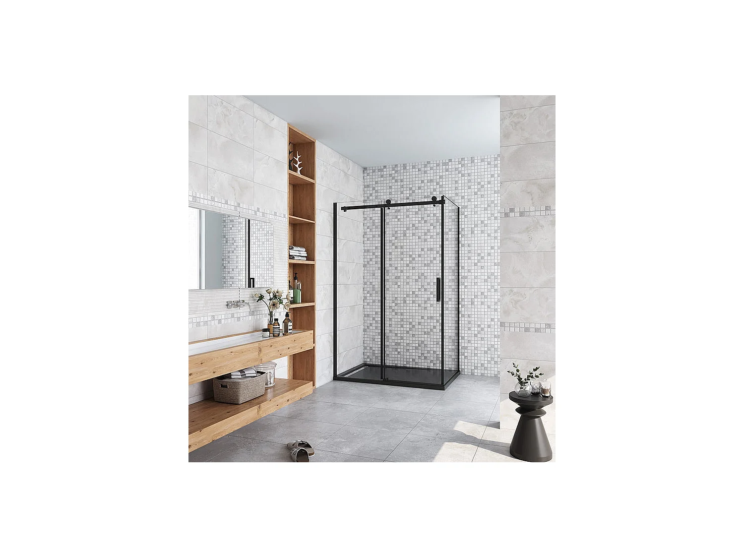 Cabine de douche coulissante 120x80x200cm porte de douche + paroi latérale Hauteur 200cm En 8mm verre anticalcaire profilé noir mat