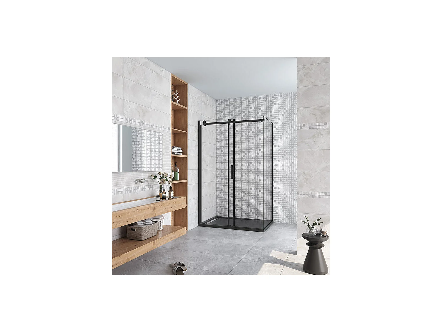 Cabine de douche coulissante 120x80x200cm porte de douche + paroi latérale Hauteur 200cm En 8mm verre anticalcaire profilé noir mat