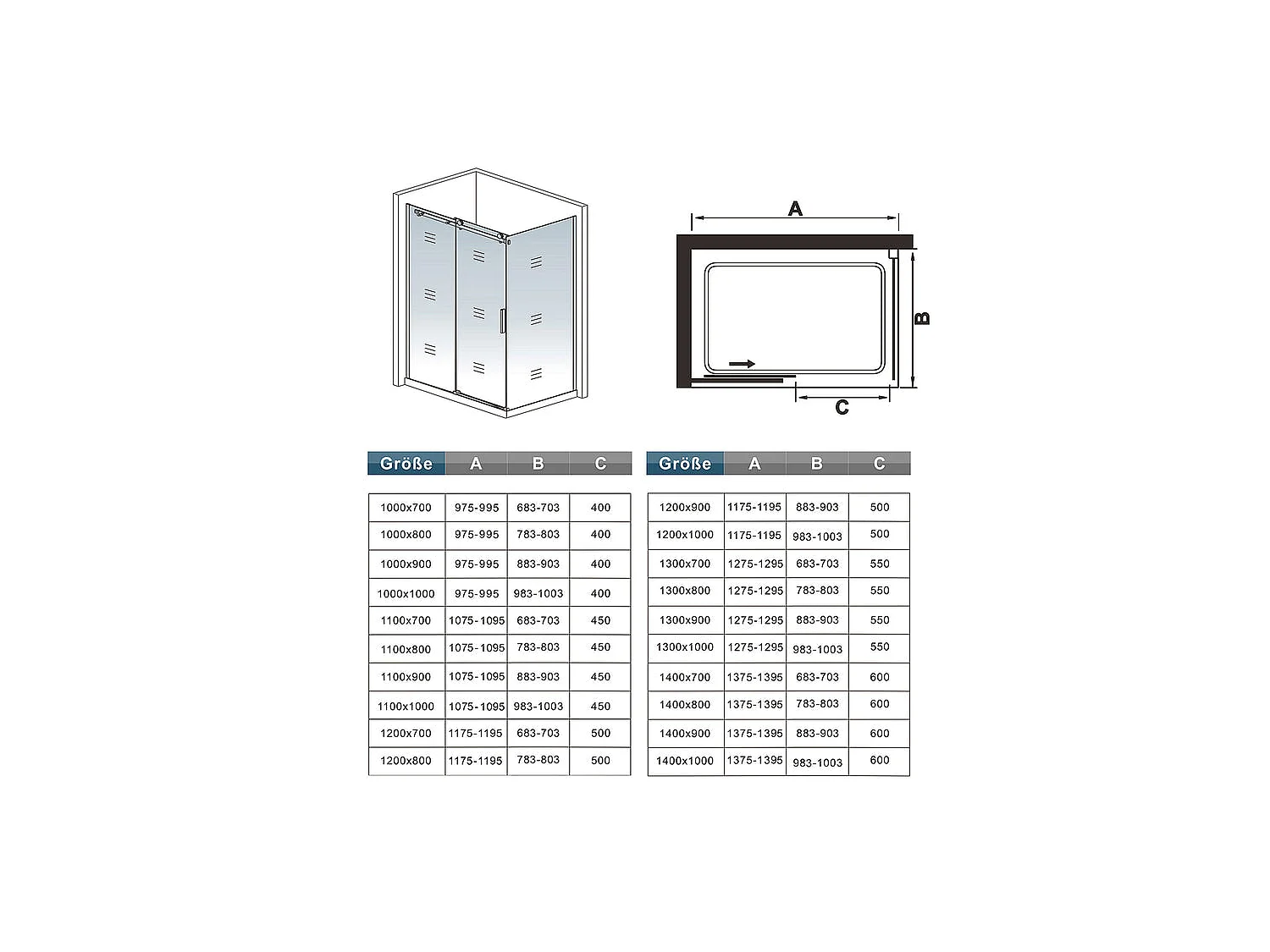 Cabine de douche coulissante 140x90x200cm porte de douche + paroi latérale Hauteur 200cm En 8mm verre anticalcaire profilé noir mat