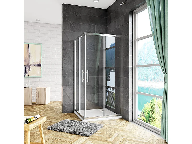 Cabine de douche 80x80x185cm accès d'angle, cabine de douche carrée porte de douche coulissante sans bac à douche