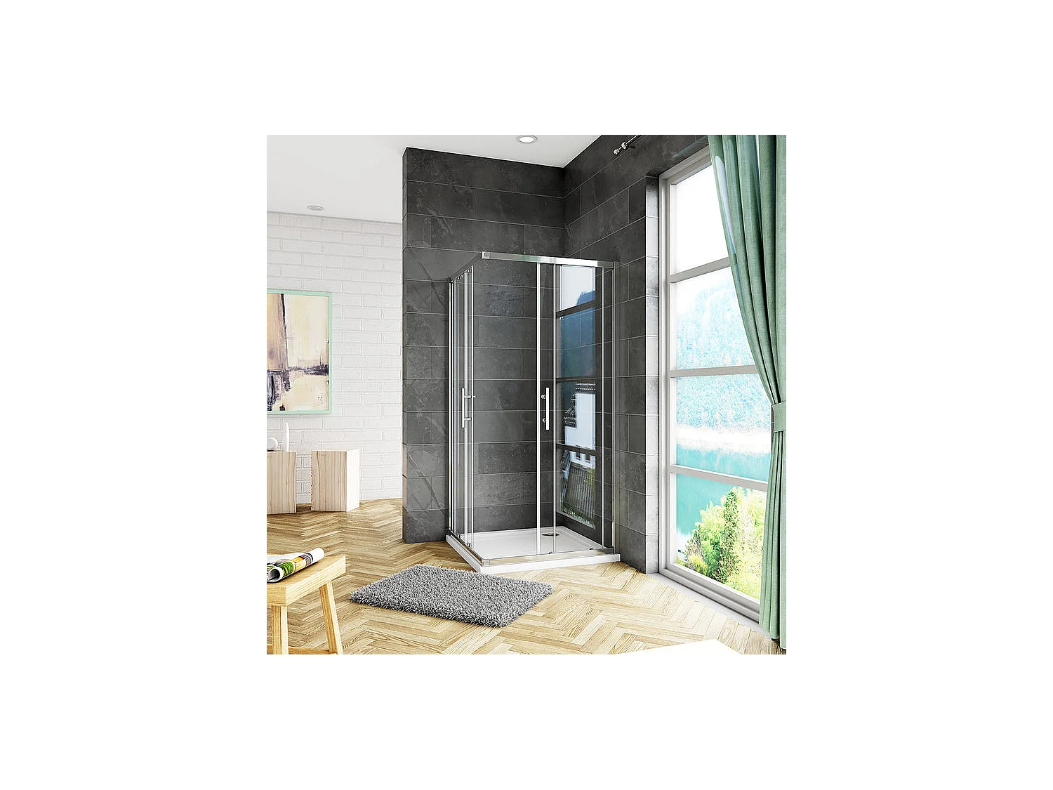 Cabine de douche 80x80x185cm accès d'angle, cabine de douche carrée porte de douche coulissante sans bac à douche