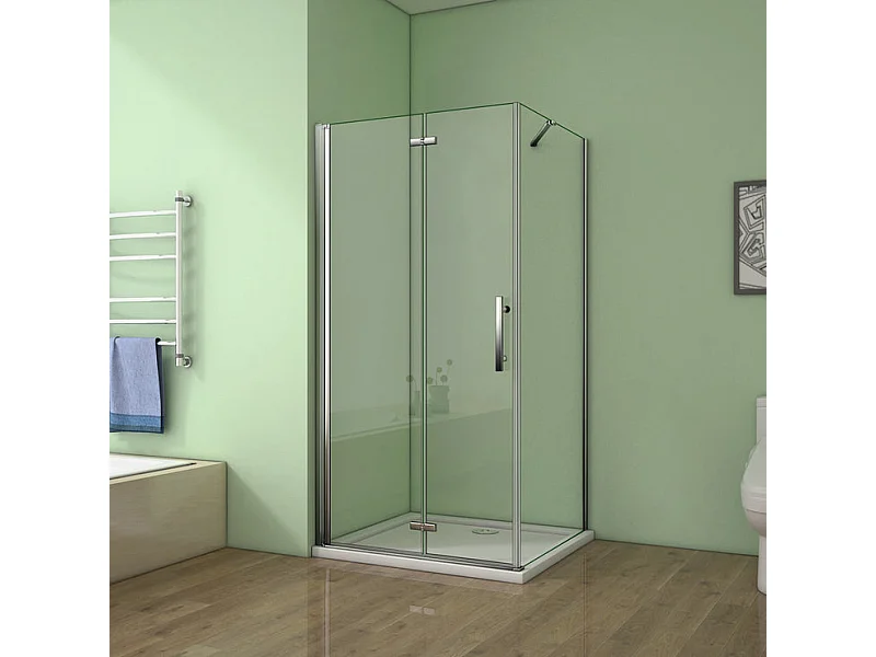Cabine de douche pivotante et pliante 80x76x185cm en 6mm verre anticalcaire, porte de douche + paroi latérale avec barre fixée d'angle