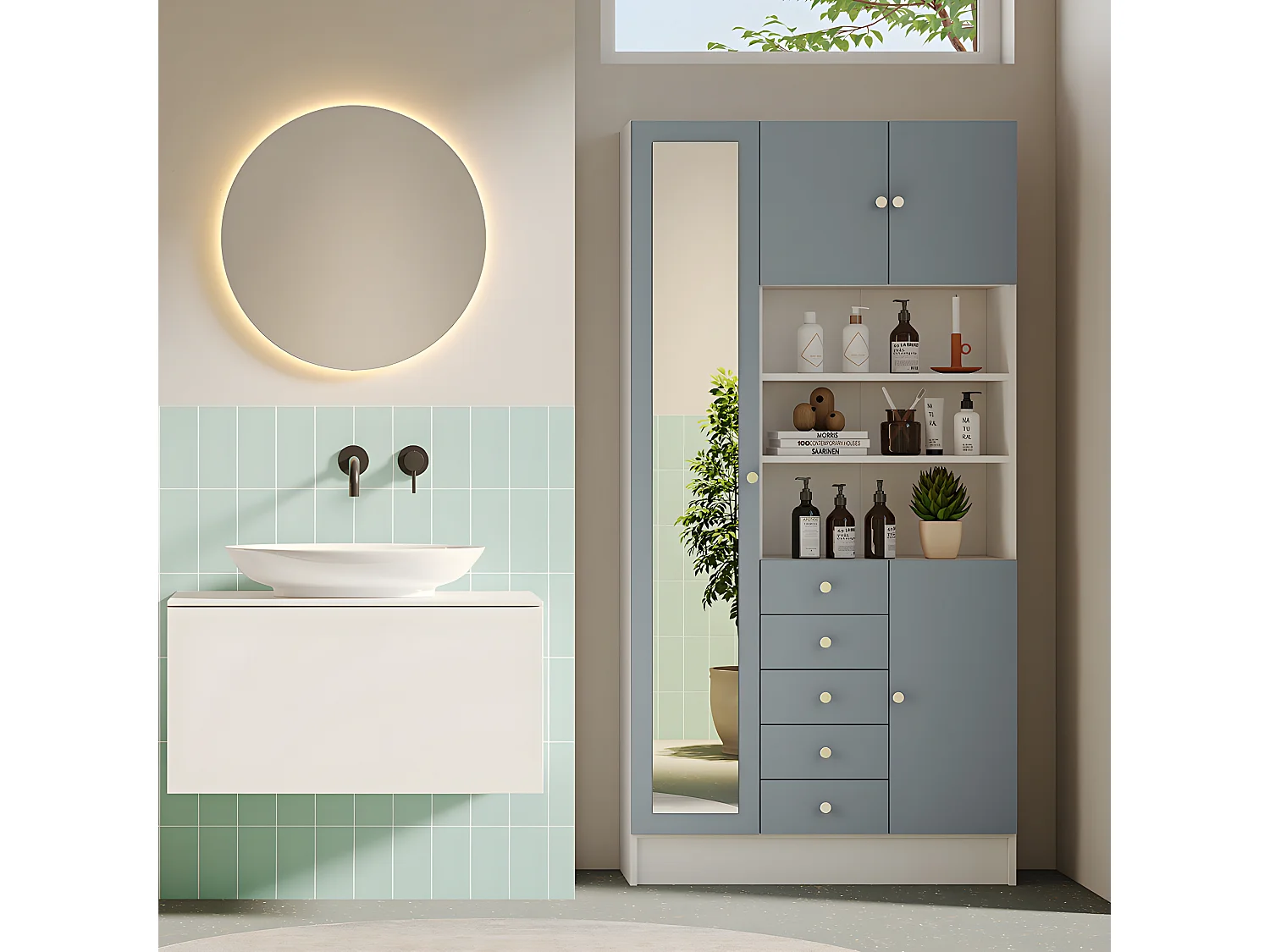 Armoire COMBI 90 X 182 - blanc et gris céladon - SYMBIOSIS