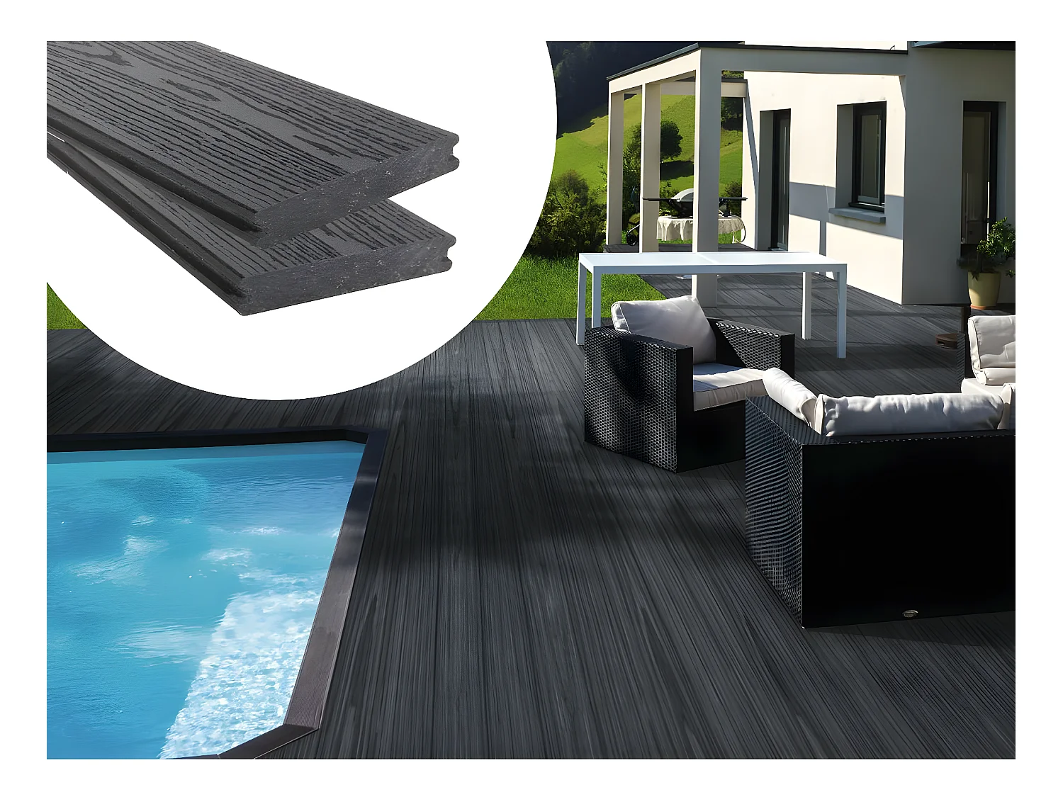 Lot de 3 lames de terrasse en composite coextrusion - Long: 2,4m - 1 m2 Gris