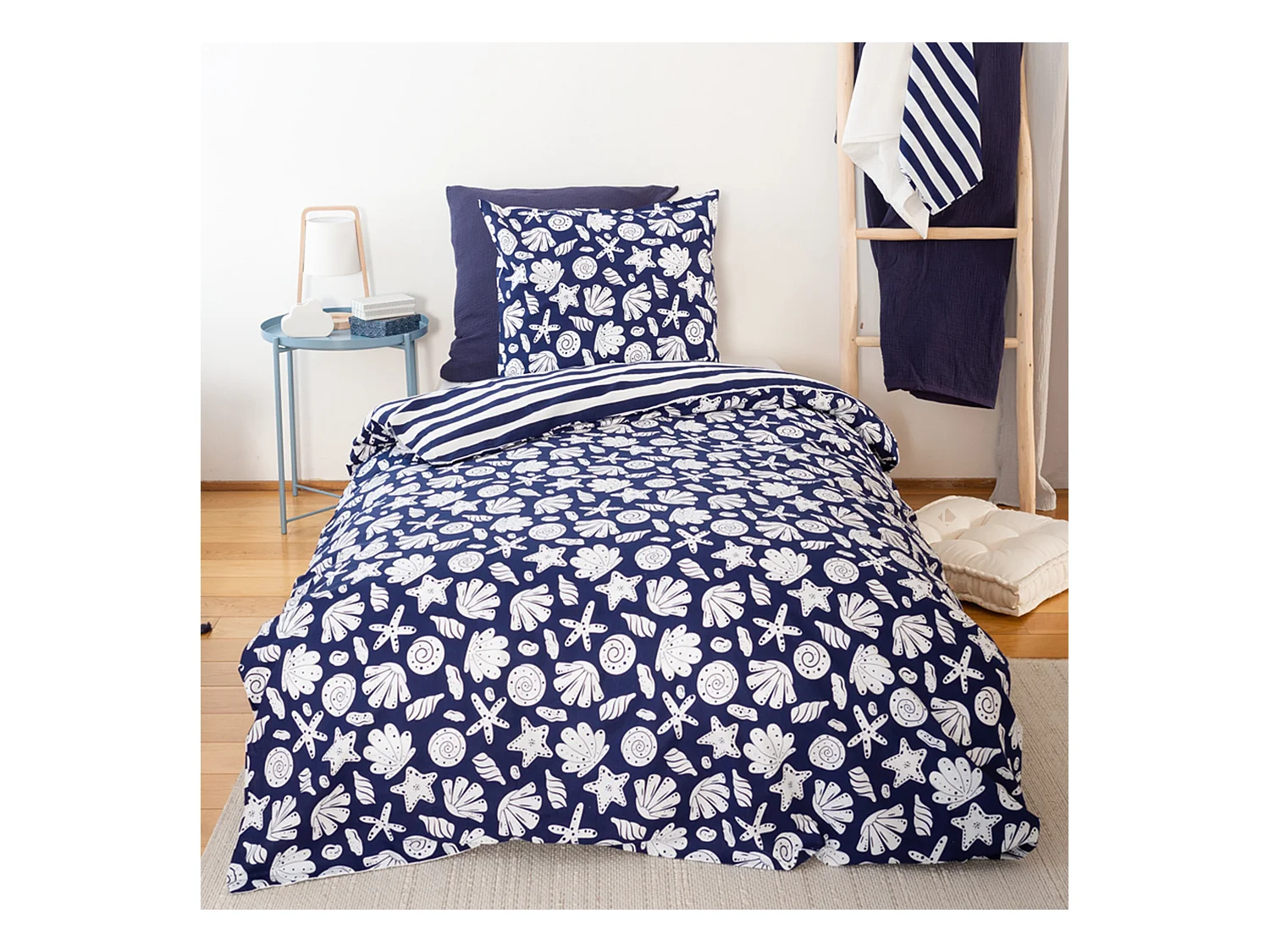 Parure de lit 140x200 cm coton BCI adouci CAPRI Bleu 2 pièces