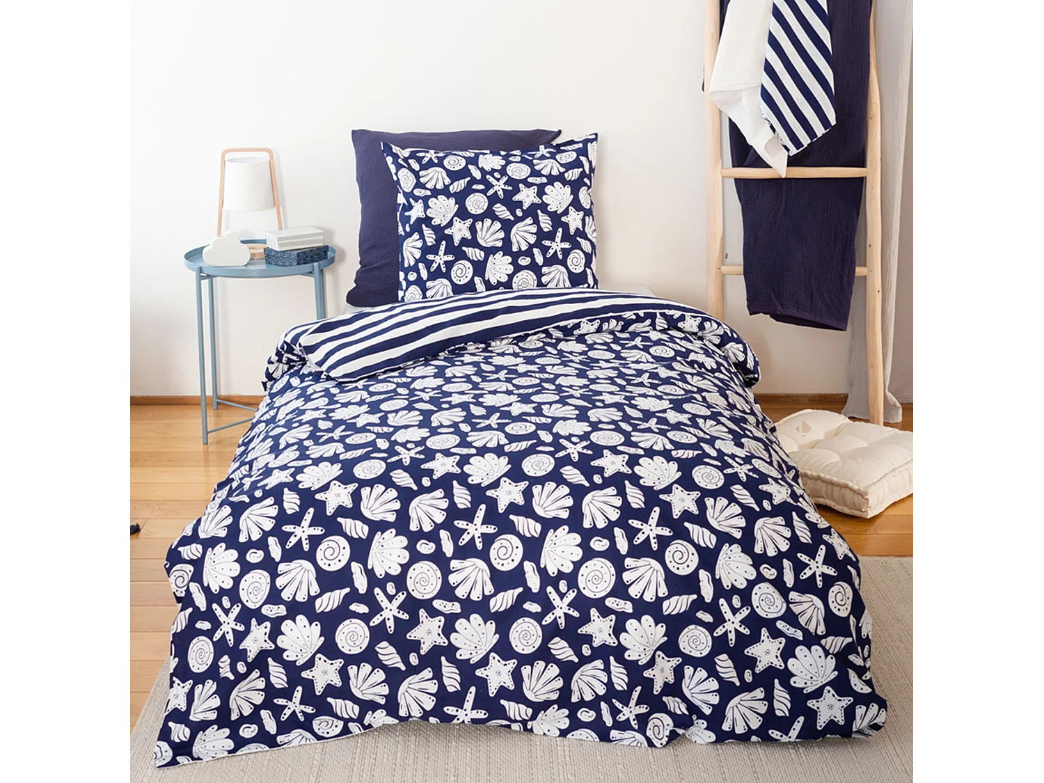 Parure de lit 140x200 cm coton BCI adouci CAPRI Bleu 2 pièces