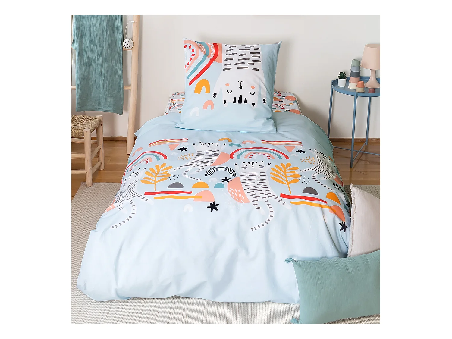 Parure de lit 140x200 cm coton CATCHI Bleu pâle