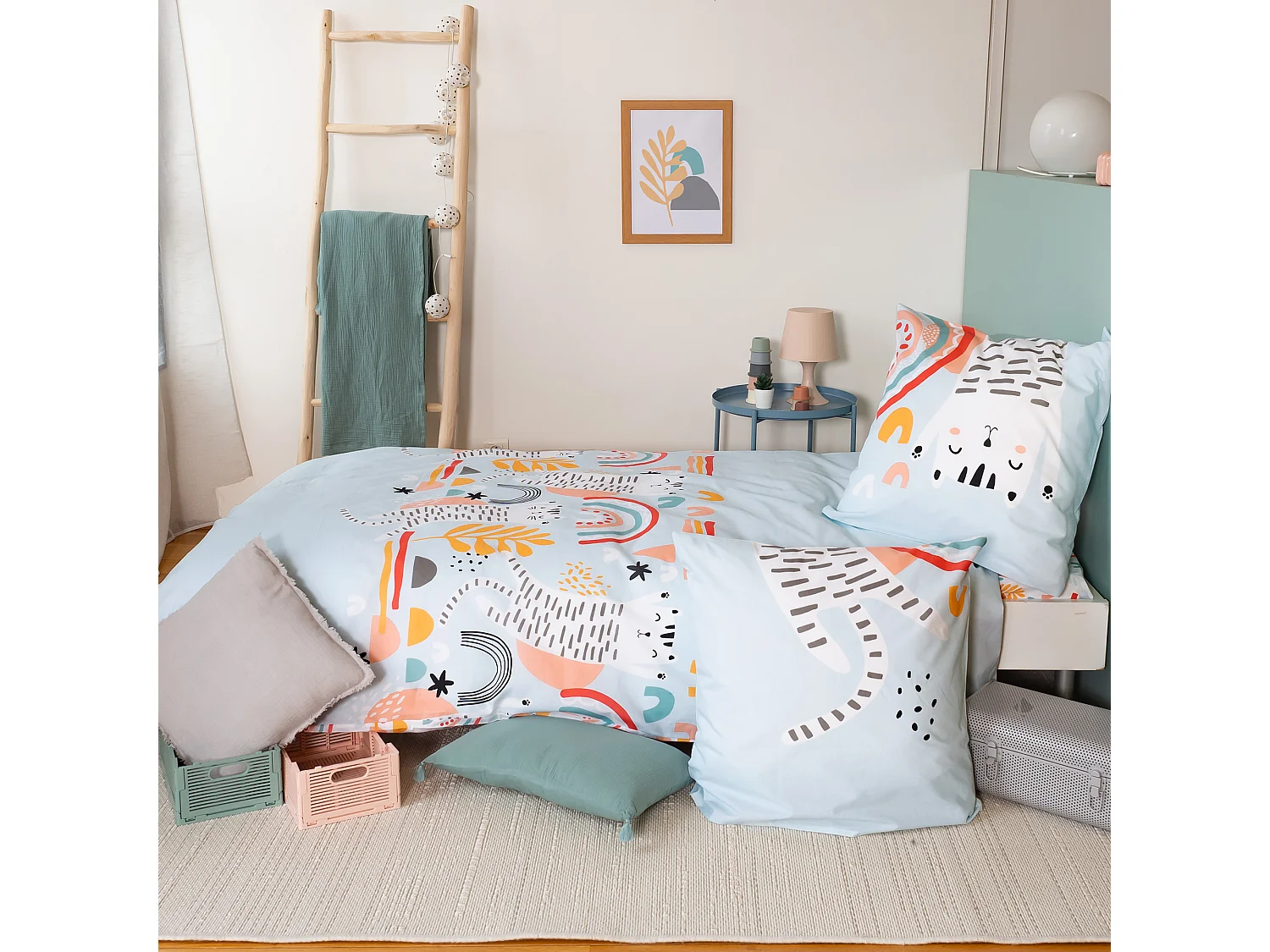 Parure de lit 140x200 cm coton CATCHI Bleu pâle