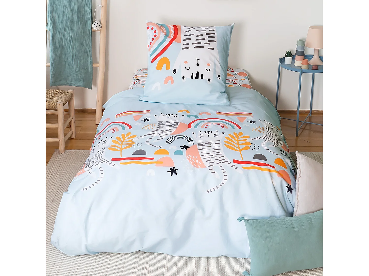 Parure de lit 140x200 cm coton CATCHI Bleu pâle