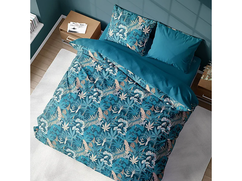 Parure de lit 260x240 cm coton LEOPARDIE Bleu 3 pièces