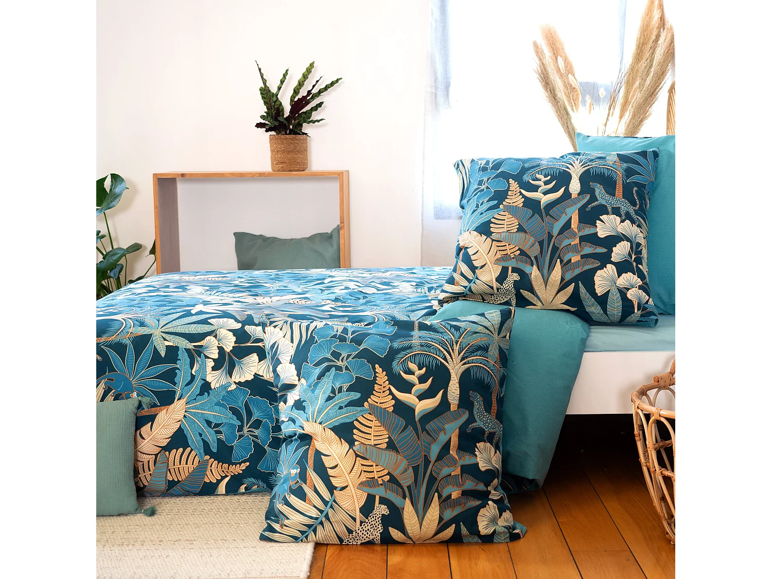 Parure de lit 260x240 cm coton LEOPARDIE Bleu 3 pièces