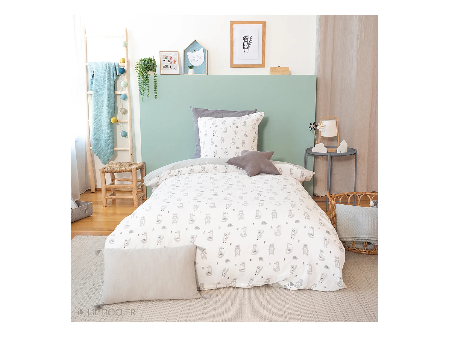 Parure de lit 140x200 cm double gaze de coton FORÊT gris 2 pièces