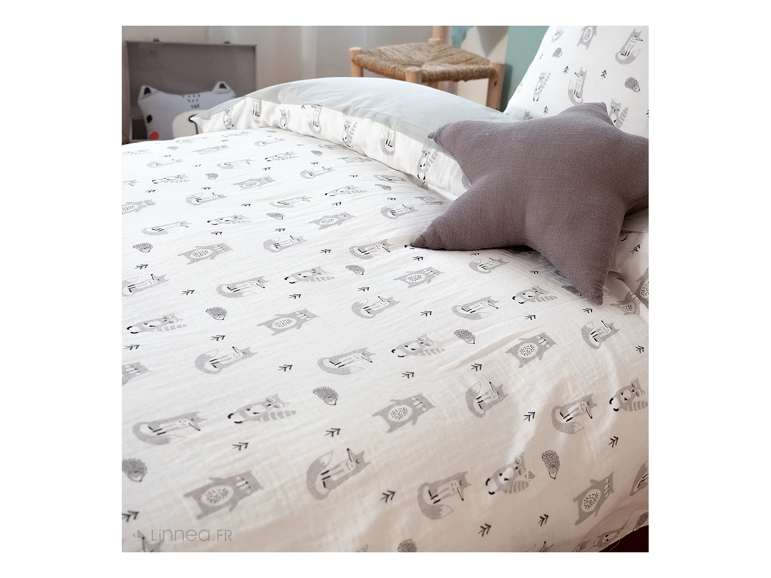 Parure de lit 140x200 cm double gaze de coton FORÊT gris 2 pièces