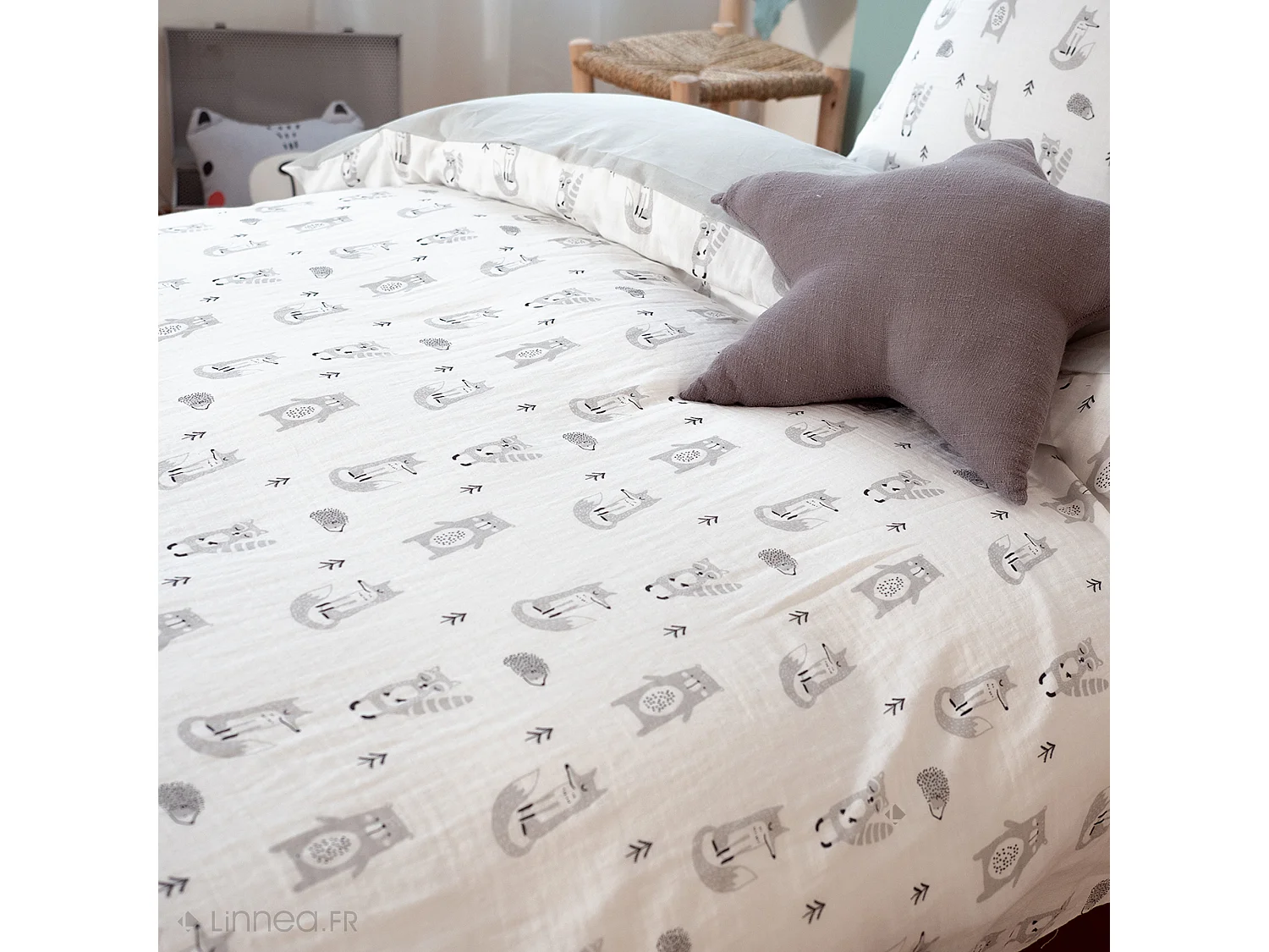 Parure de lit 140x200 cm double gaze de coton FORÊT gris 2 pièces