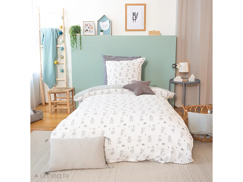 Parure de lit 140x200 cm double gaze de coton FORÊT gris 2 pièces