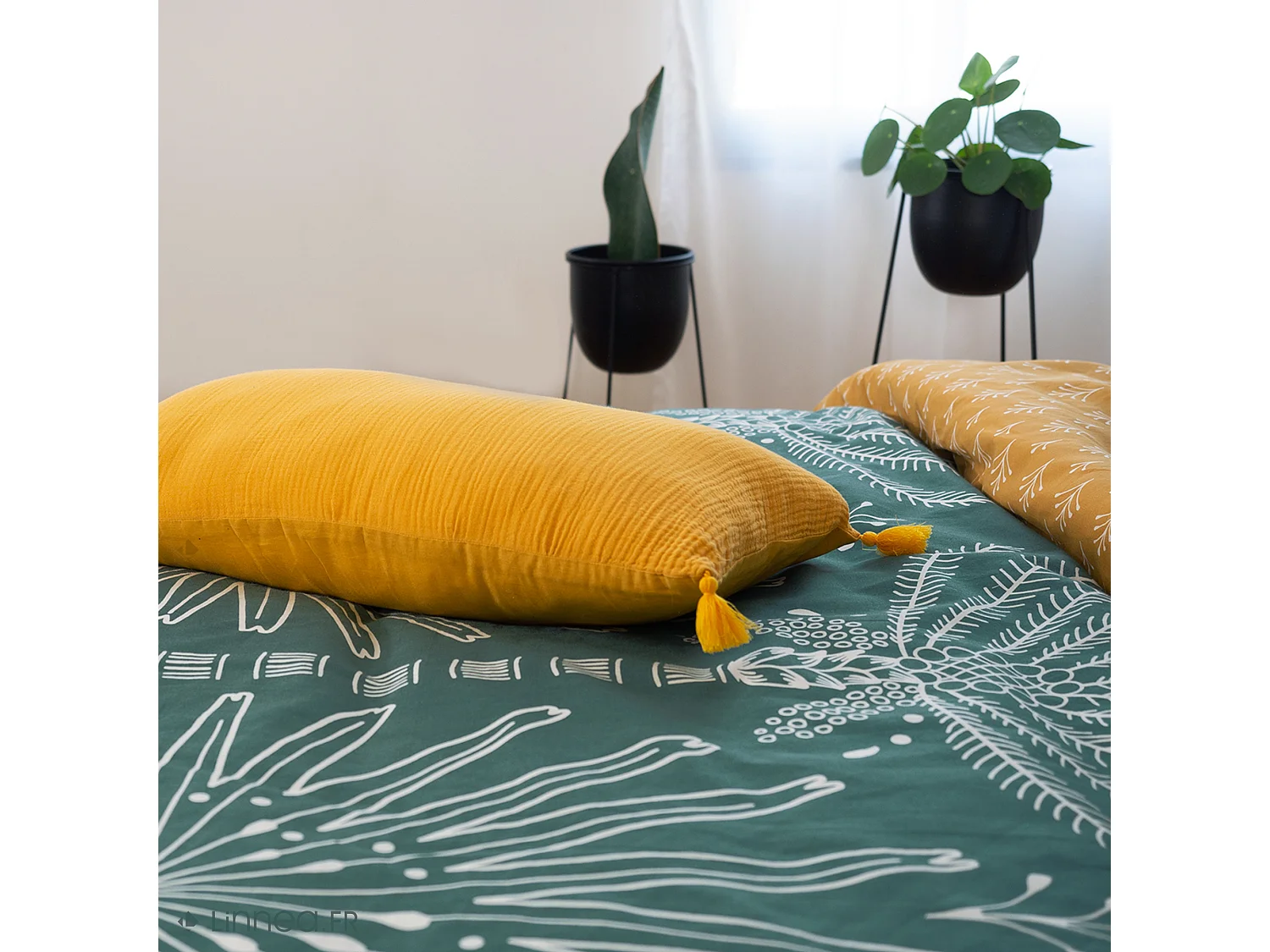 Parure de lit 260x240 cm coton MAZIA vert 3 pièces