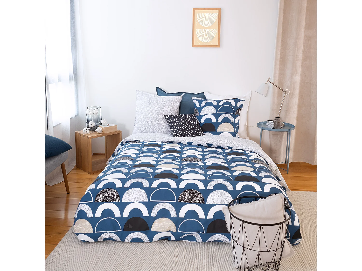 Parure de lit 260x240 cm coton BERLIOZ Bleu 3 pièces