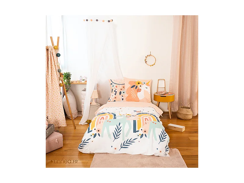 Parure de lit 140x200 cm coton bci adouci PRUNELLIA rose 2 pièces