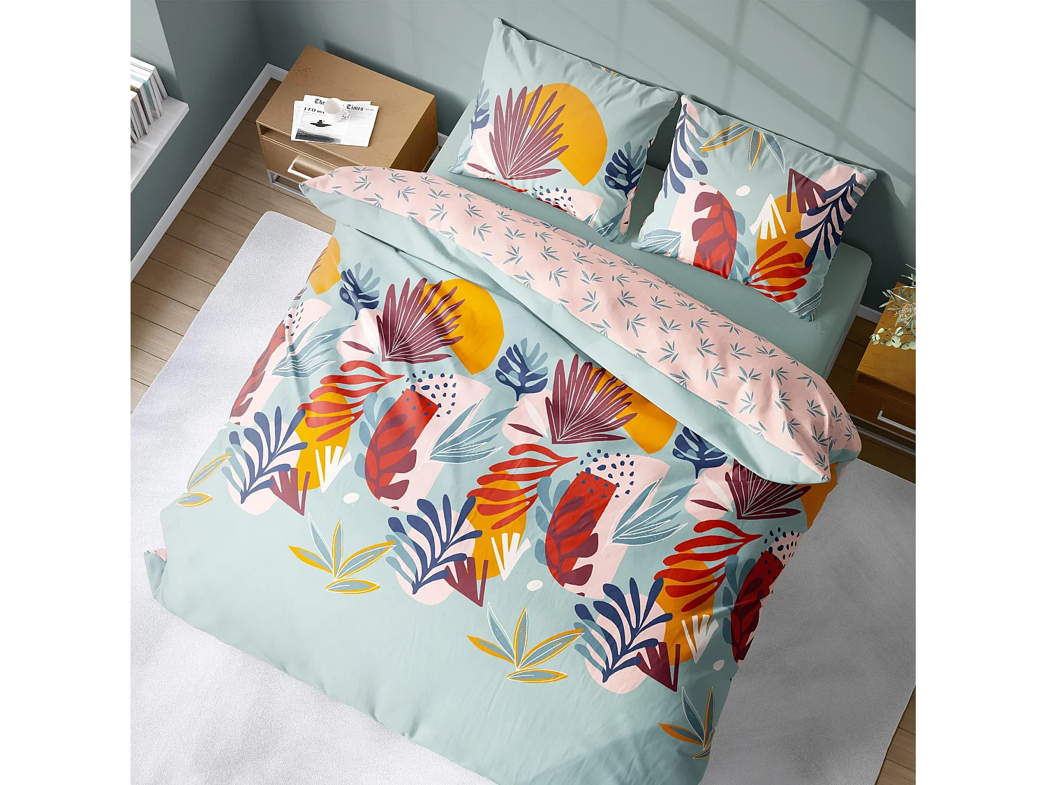 Parure de lit 260x240 cm coton MATTY Bleu 3 pièces