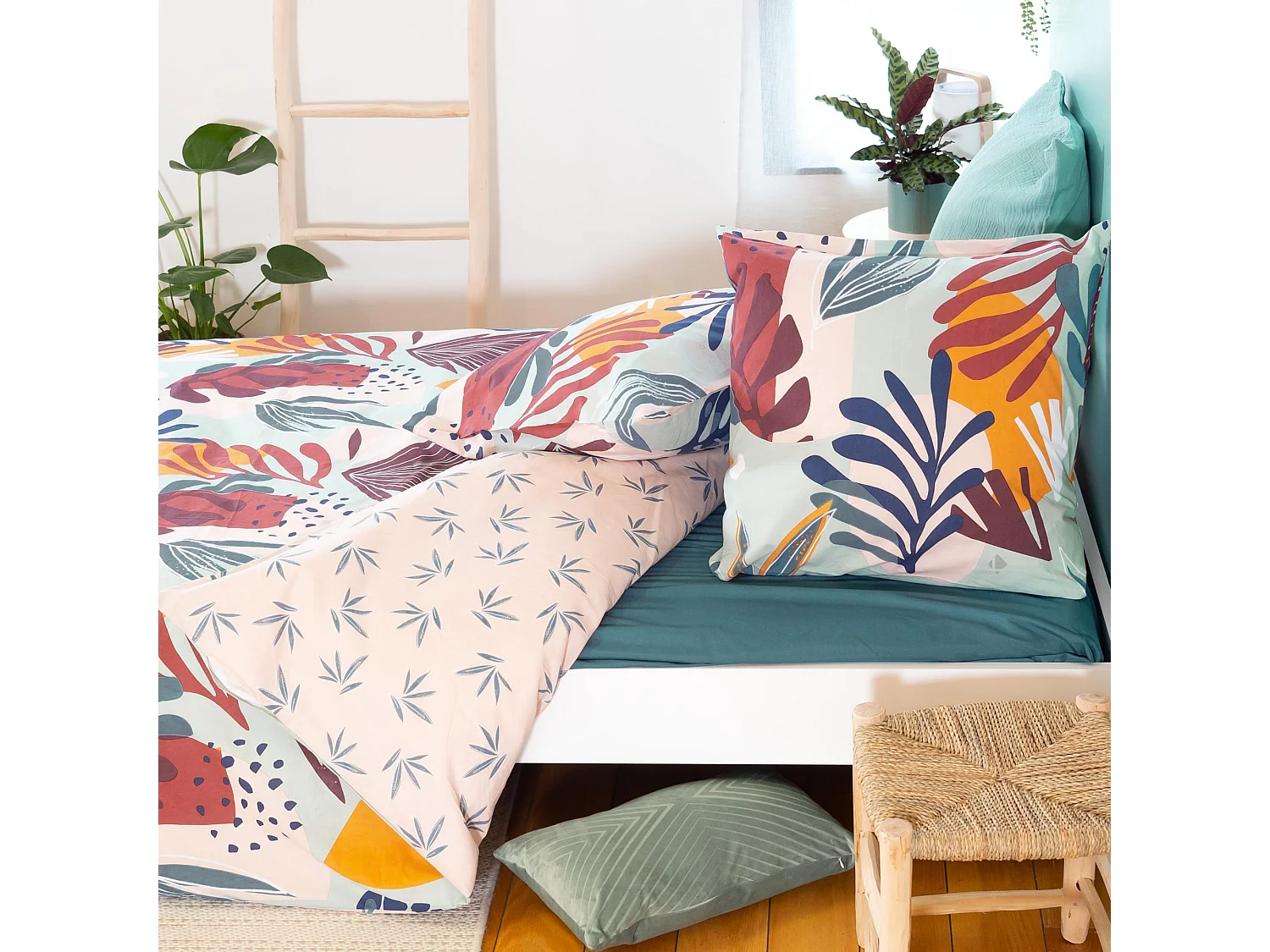 Parure de lit 260x240 cm coton MATTY Bleu 3 pièces