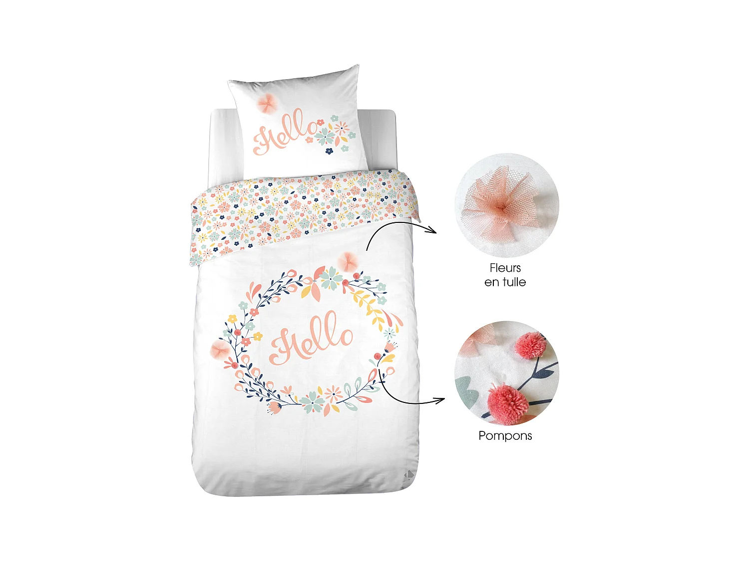 Parure de lit 140x200 cm coton bci adouci HELLO blanc 2 pièces
