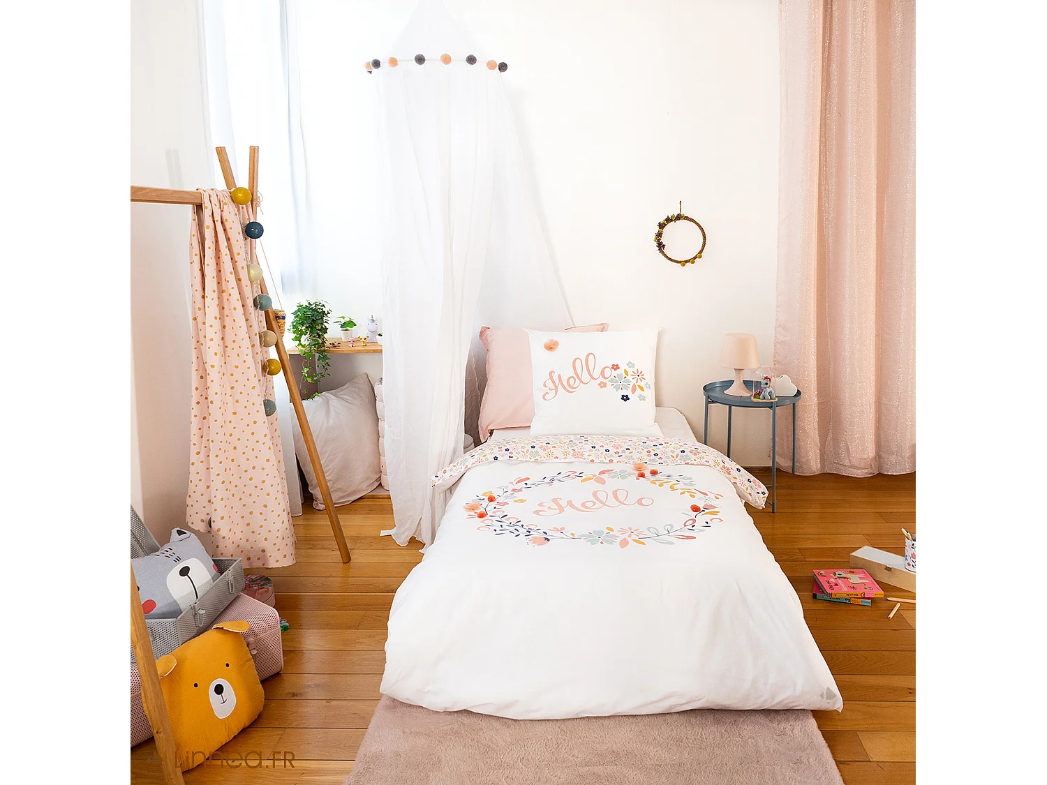 Parure de lit 140x200 cm coton bci adouci HELLO blanc 2 pièces