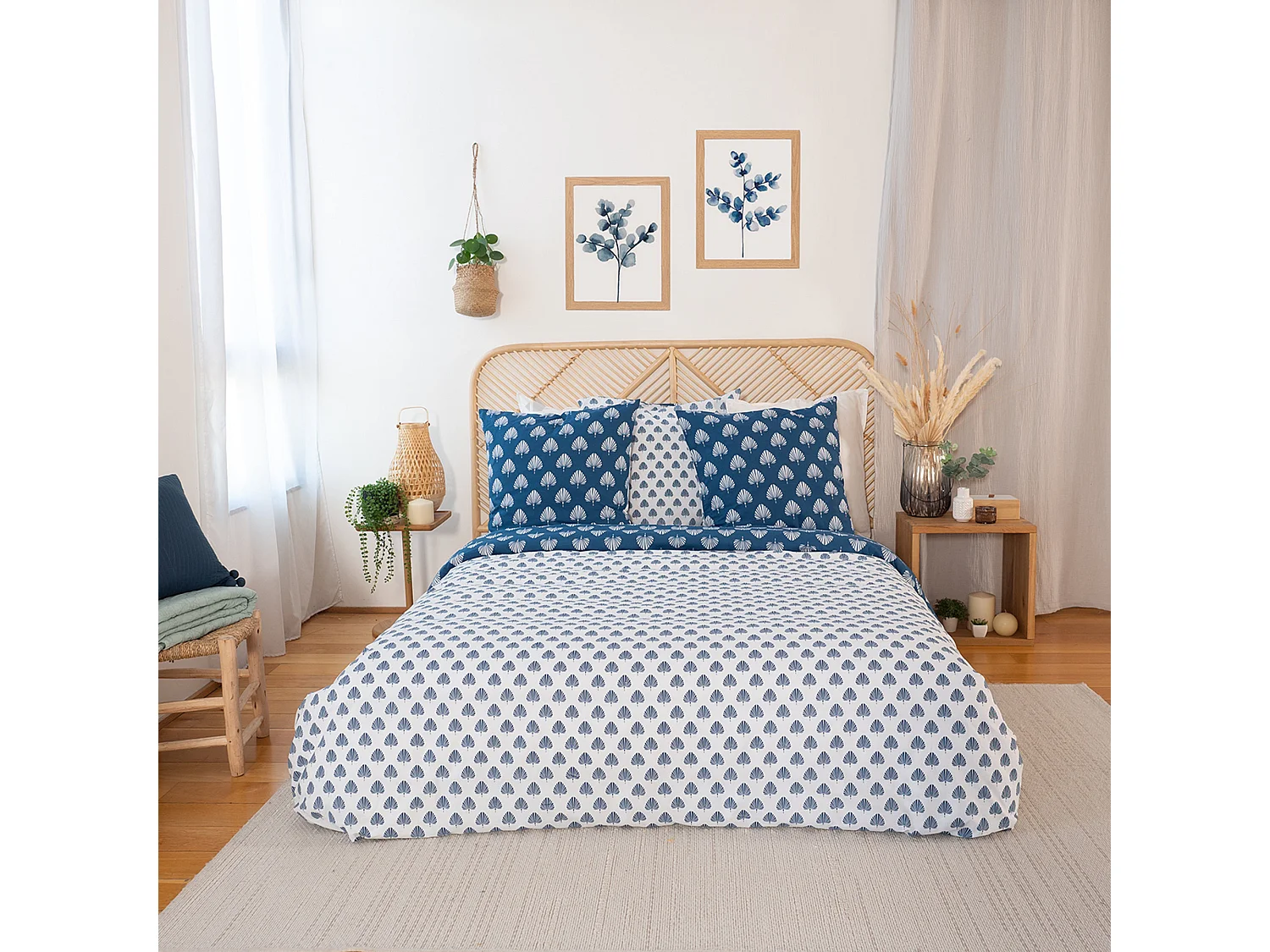 Parure de lit 260x240 cm coton bci adouci FLAVY bleu 3 pièces