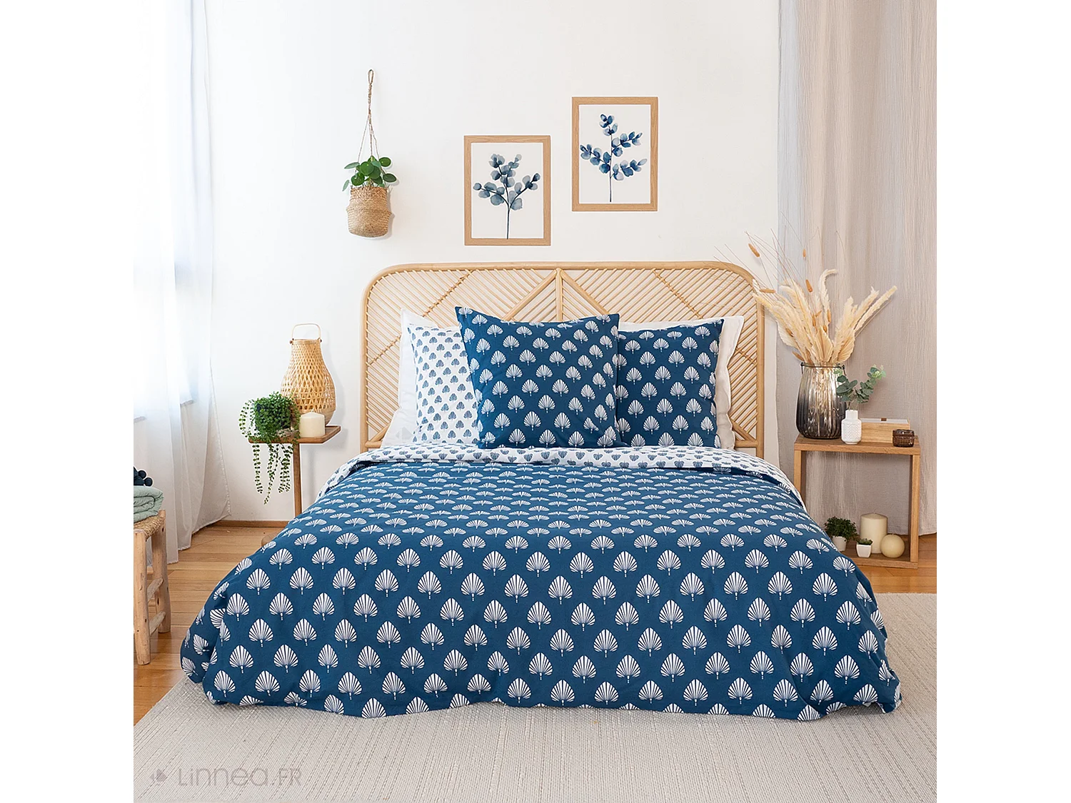 Parure de lit 260x240 cm coton FLAVY bleu 3 pièces
