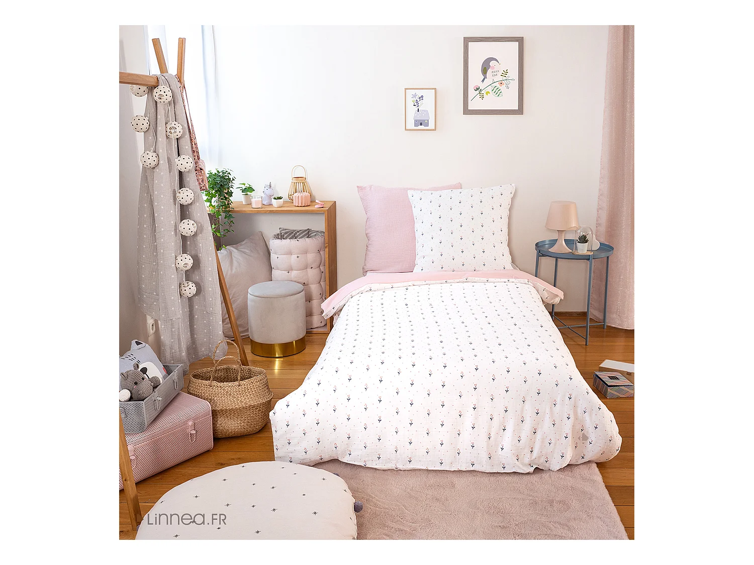 Parure de lit 140x200 cm double gaze de coton FIORI rose 2 pièces