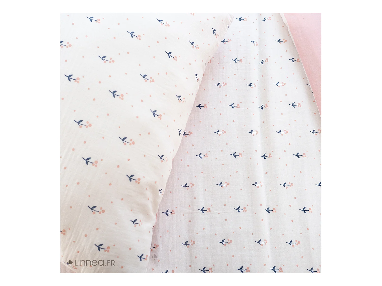 Parure de lit 140x200 cm double gaze de coton FIORI rose 2 pièces